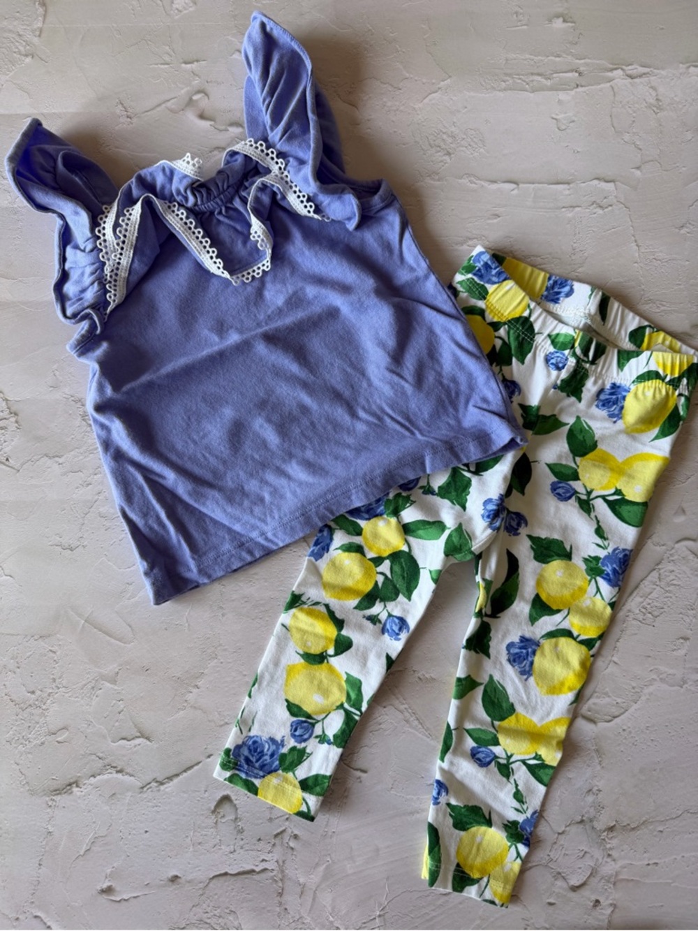Lilac Blue Ruffled Tank with Lemon Print Leggings Set
